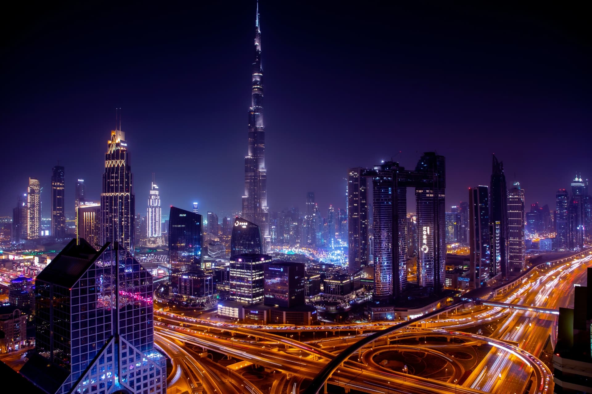 Night time shot of the World Trade Center in Manama Bahrain